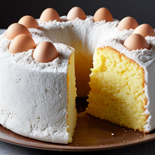 Home 11 **Fluffy Chiffon Cake Ingredients:** A visually appealing arrangement of cake flour, castor sugar, neutral oil, and eggs, highlighting the key ingredients for a perfect chiffon cake. Focus on texture and quality.