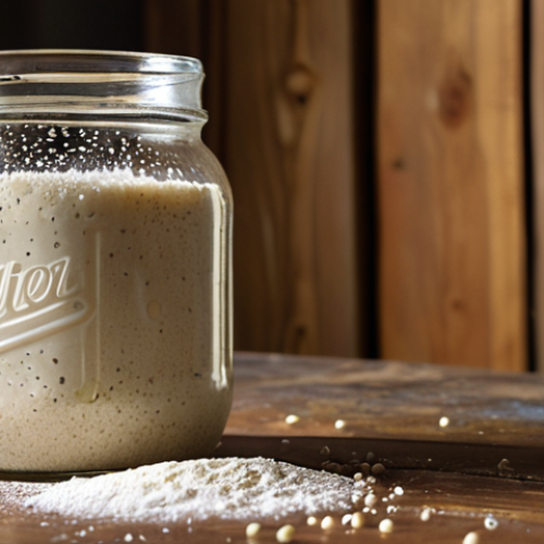 Home 6 **
A close-up shot of a bubbly, active sourdough starter in a glass jar. Focus on the texture and visible gas bubbles indicating fermentation. The jar is placed on a rustic wooden table, with scattered flour dusting the surface. Soft, natural light illuminates the scene.
**