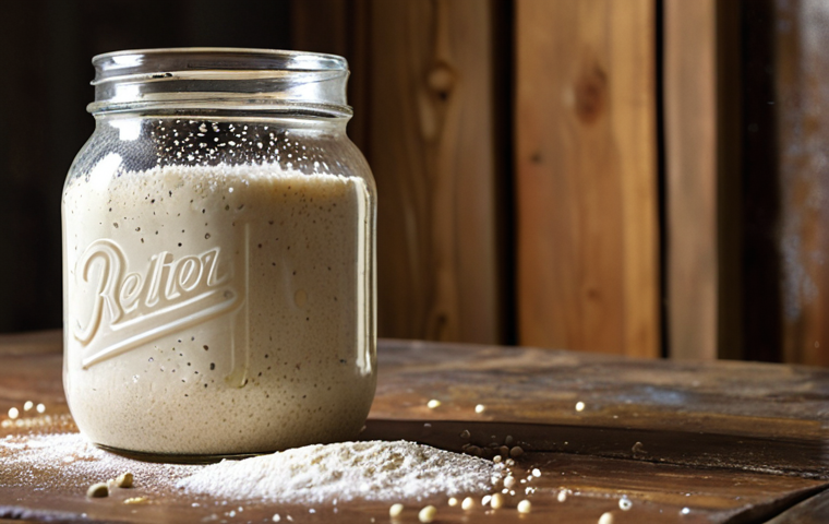 **
A close-up shot of a bubbly, active sourdough starter in a glass jar. Focus on the texture and visible gas bubbles indicating fermentation. The jar is placed on a rustic wooden table, with scattered flour dusting the surface. Soft, natural light illuminates the scene.
**