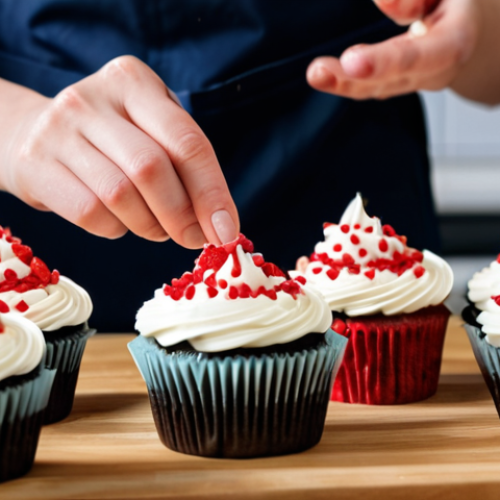 Home 24 A person, fully clothed in modest and appropriate kitchen attire, focused on meticulously decorating Valentine's Day themed cupcakes in a warm, clean, and professional kitchen. The scene highlights well-formed hands carefully piping frosting onto cupcakes, showcasing perfect anatomy, correct proportions, and a natural pose with proper finger count. The background shows hints of baking ingredients and tools, out of focus. The overall mood is one of joyful creation and dedication, safe for work, appropriate content, and family-friendly. High quality, professional photography, studio lighting, detailed.