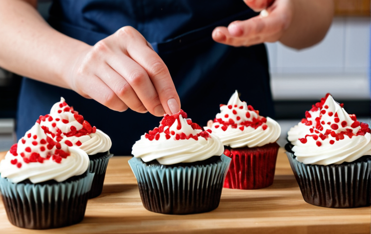 A person, fully clothed in modest and appropriate kitchen attire, focused on meticulously decorating Valentine's Day themed cupcakes in a warm, clean, and professional kitchen. The scene highlights well-formed hands carefully piping frosting onto cupcakes, showcasing perfect anatomy, correct proportions, and a natural pose with proper finger count. The background shows hints of baking ingredients and tools, out of focus. The overall mood is one of joyful creation and dedication, safe for work, appropriate content, and family-friendly. High quality, professional photography, studio lighting, detailed.