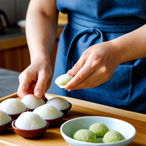 Home 23 Mochi Making at Home**
"A bright, family-friendly kitchen scene. A person (age unspecified, but appears mature) is demonstrating how to make mochi. They are fully clothed in a casual, comfortable apron and modest clothing. A small batch of colorful mochi with various fillings (red bean paste, strawberry, matcha) are displayed on a wooden board. Background shows typical kitchen appliances and utensils. Soft, diffused lighting. Perfect anatomy, natural proportions, well-formed hands, proper finger count. safe for work, appropriate content, fully clothed, professional photography, high quality"
**