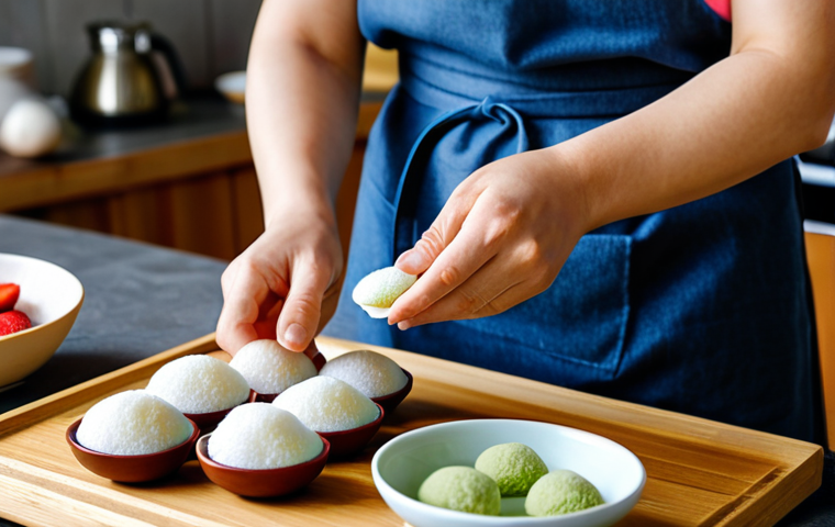 Mochi Making at Home**

"A bright, family-friendly kitchen scene. A person (age unspecified, but appears mature) is demonstrating how to make mochi. They are fully clothed in a casual, comfortable apron and modest clothing. A small batch of colorful mochi with various fillings (red bean paste, strawberry, matcha) are displayed on a wooden board. Background shows typical kitchen appliances and utensils. Soft, diffused lighting. Perfect anatomy, natural proportions, well-formed hands, proper finger count. safe for work, appropriate content, fully clothed, professional photography, high quality"

**