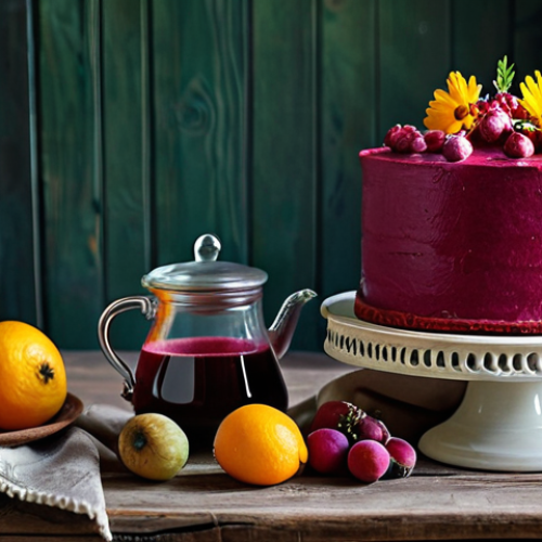 Home 22 **
A beautifully decorated домашний торт (homemade cake) with vibrant pink frosting made from свекольный сок (beetroot juice). The cake is adorned with fresh berries and edible flowers, arranged on a rustic wooden table. Background: a cozy kitchen with traditional Russian samovar and embroidered полотенца (towels). fully clothed, safe for work, appropriate content, professional, modest. perfect anatomy, correct proportions, natural pose, well-formed hands, proper finger count, natural body proportions.
**