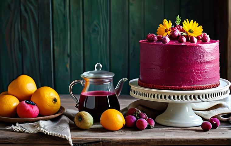 **

A beautifully decorated домашний торт (homemade cake) with vibrant pink frosting made from свекольный сок (beetroot juice). The cake is adorned with fresh berries and edible flowers, arranged on a rustic wooden table. Background: a cozy kitchen with traditional Russian samovar and embroidered полотенца (towels). fully clothed, safe for work, appropriate content, professional, modest. perfect anatomy, correct proportions, natural pose, well-formed hands, proper finger count, natural body proportions.

**