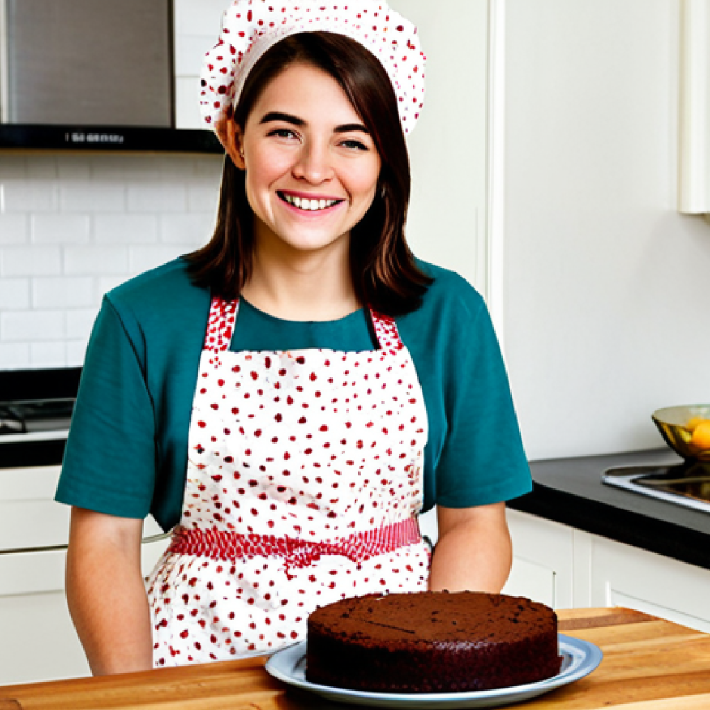 Beginner Baker's Delight**

A brightly lit kitchen scene featuring a young woman, fully clothed in a modest floral apron and casual attire, smiling as she follows a recipe from a well-worn cookbook. A simple chocolate cake is on a cooling rack nearby. The kitchen is clean and inviting. safe for work, appropriate content, perfect anatomy, natural proportions, family-friendly, professional photography, high quality.

**