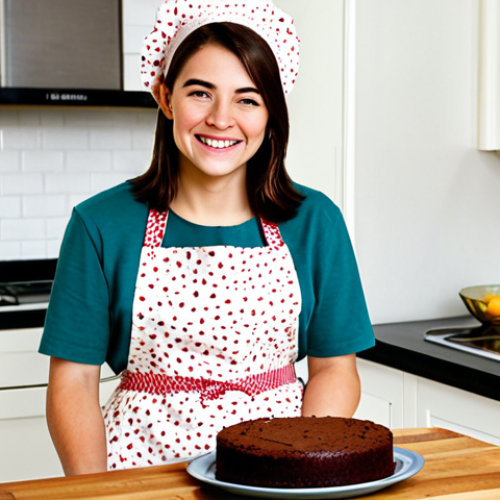 Home 11 Beginner Baker's Delight**
A brightly lit kitchen scene featuring a young woman, fully clothed in a modest floral apron and casual attire, smiling as she follows a recipe from a well-worn cookbook. A simple chocolate cake is on a cooling rack nearby. The kitchen is clean and inviting. safe for work, appropriate content, perfect anatomy, natural proportions, family-friendly, professional photography, high quality.
**