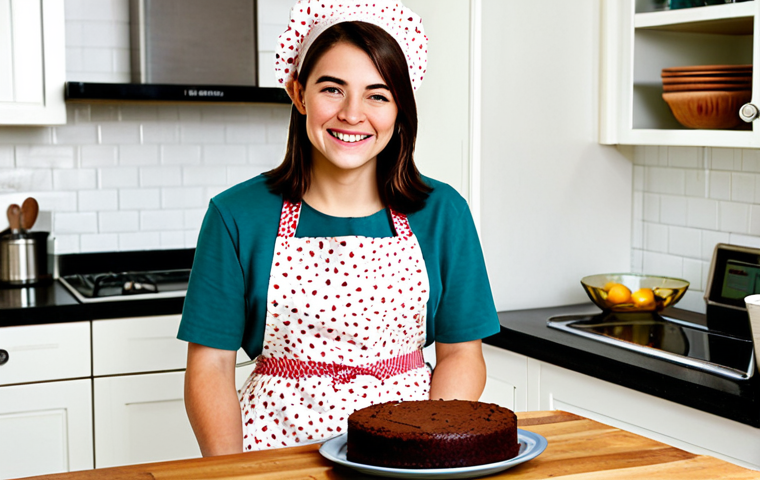 Beginner Baker's Delight**

A brightly lit kitchen scene featuring a young woman, fully clothed in a modest floral apron and casual attire, smiling as she follows a recipe from a well-worn cookbook. A simple chocolate cake is on a cooling rack nearby. The kitchen is clean and inviting. safe for work, appropriate content, perfect anatomy, natural proportions, family-friendly, professional photography, high quality.

**