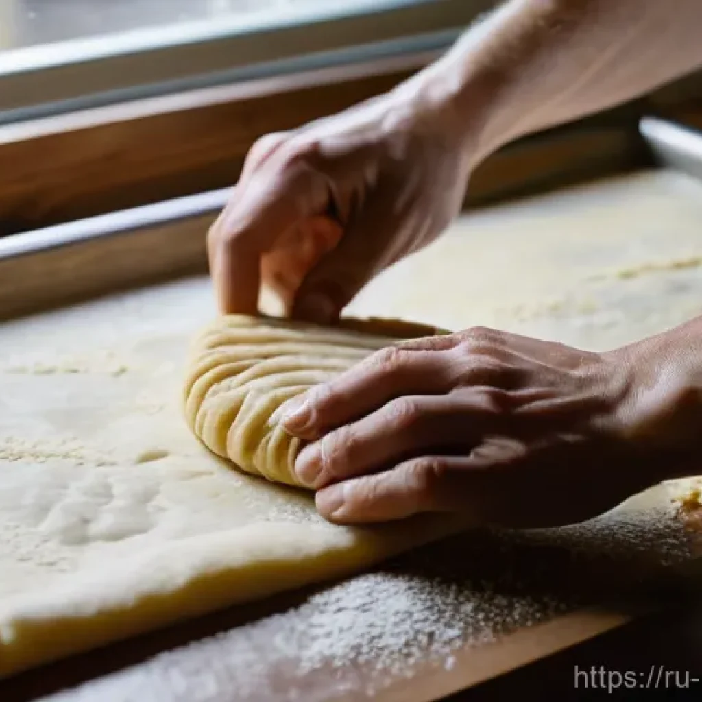 홈베이킹 데니쉬 페이스트리 기초 - **"A close-up, high-definition shot of skilled hands, belonging to a baker with a clean apron, metic...