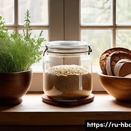 홈베이킹 유기농 재료 사용법 - A rustic kitchen scene showcasing a variety of organic flours in glass jars and wooden bowls, includ...