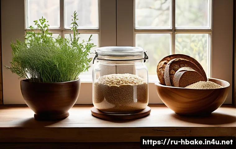 홈베이킹 유기농 재료 사용법 - A rustic kitchen scene showcasing a variety of organic flours in glass jars and wooden bowls, includ...