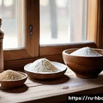 홈베이킹 쉬운 빵 만들기 - A cozy home kitchen scene focused on artisanal bread-making ingredients: a rustic wooden table with ...