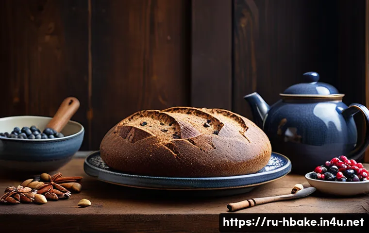 홈베이킹 지역별 베이킹 트렌드 - A cozy northern kitchen scene showcasing dense, rustic rye bread loaves studded with cranberries, bl...