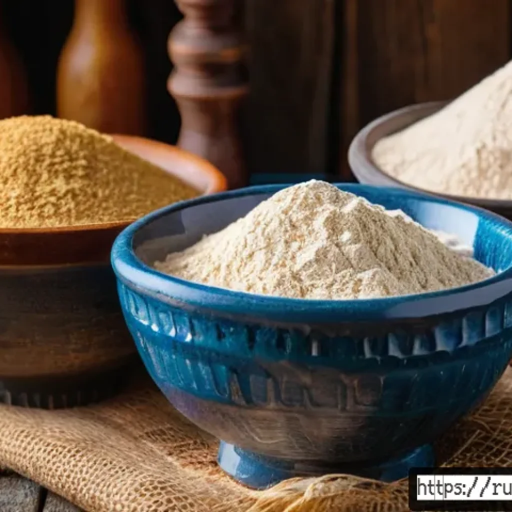 홈베이킹 빵 식감 차이 만드는 요소 - A detailed close-up of various types of wheat flour displayed in rustic ceramic bowls on a wooden ta...