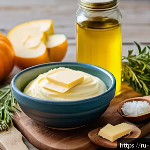 Home 33 홈베이킹 버터 대체 재료 - A rustic kitchen scene showcasing a variety of plant-based butter substitutes arranged on a wooden t...