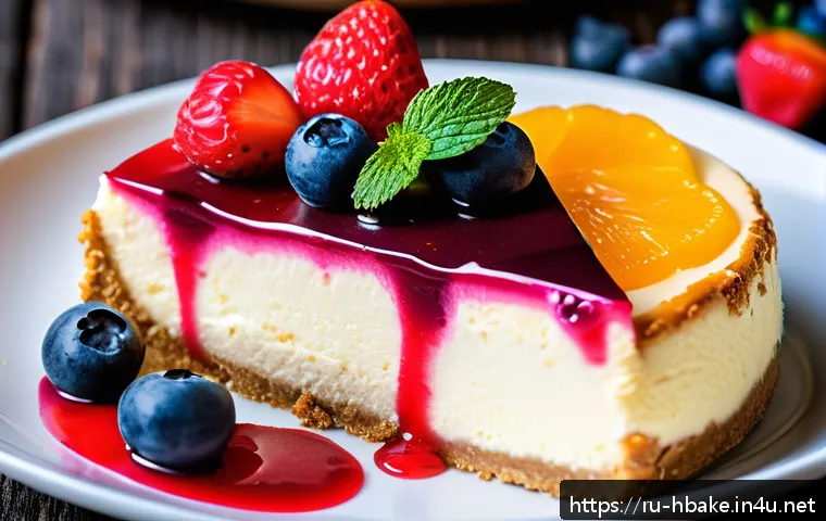 홈베이킹 치즈케이크 만들기 - A close-up view of a classic cheesecake with a smooth, creamy texture, topped with fresh mixed berri...