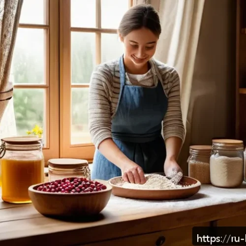 Home 30 홈베이킹 베이킹 트렌드 전망 - A cozy rustic kitchen scene featuring a home baker preparing natural ingredient pastries: organic fl...