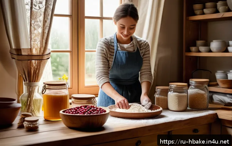 홈베이킹 베이킹 트렌드 전망 - A cozy rustic kitchen scene featuring a home baker preparing natural ingredient pastries: organic fl...