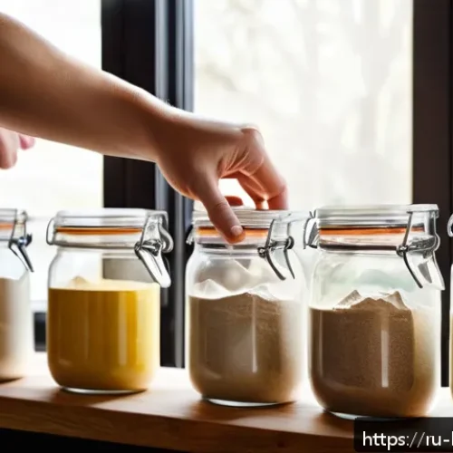 Home 17 홈베이킹 글루텐프리 레시피 - A rustic kitchen scene featuring a variety of gluten-free flours displayed in elegant glass jars lab...