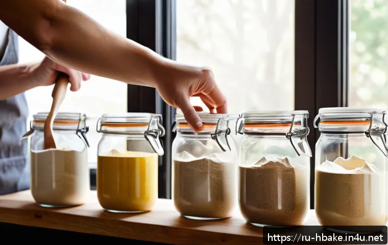 홈베이킹 글루텐프리 레시피 - A rustic kitchen scene featuring a variety of gluten-free flours displayed in elegant glass jars lab...