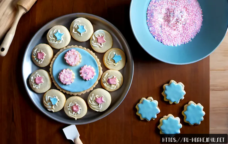 Home 17 홈베이킹 아이싱 쿠키 만들기 - Photorealistic overhead view of home baking iced cookies on a warm wooden kitchen table, neatly arra...