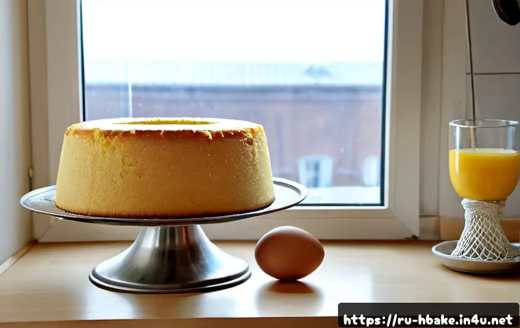 Home 17 홈베이킹 시폰 케이크 성공 팁 - Photorealistic home baking scene in a bright Russian apartment kitchen, a tall golden chiffon cake c...