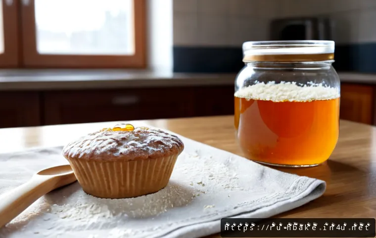 Home 17 홈베이킹 천연 감미료 활용법 - Photorealistic Russian home baking scene, an inviting wooden kitchen table with a glass jar of golde...